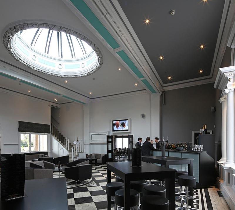 Interior of the Old Weighing Room 1920s bar at Doncaster Racecourse.