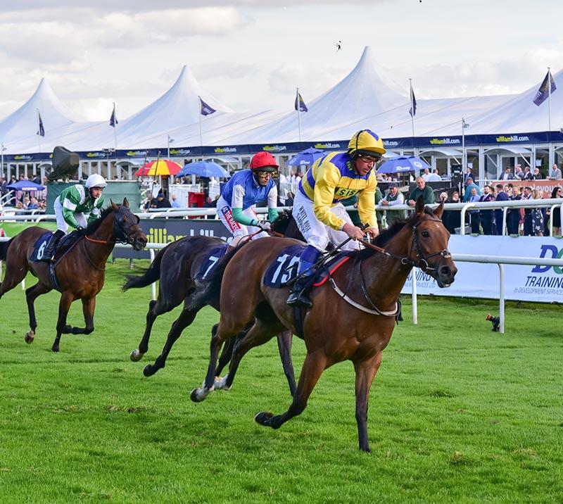 Jockeys racing past the marquee at Doncaster Racecourse.