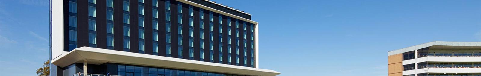 An exterior view of the Hilton Garden Inn Hotel at Doncaster Racecourse.