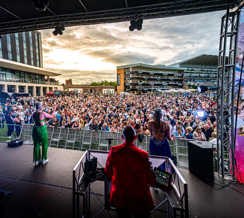 View from the stage with music performing on the champagne lawn at Doncaster Racecourse 