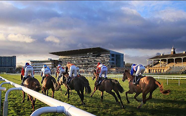 Horses race for the finish line with the grandstand in the distance